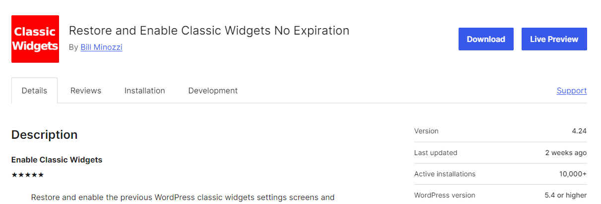 restore and enable classic widgets no expiration